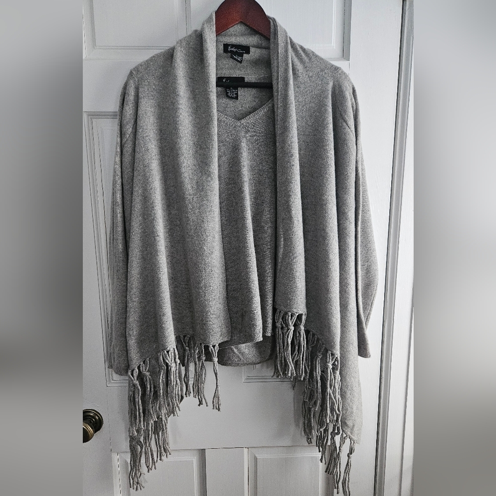 Gray Fringe Two Piece Cashmere Sweater Set. Size L/XL.